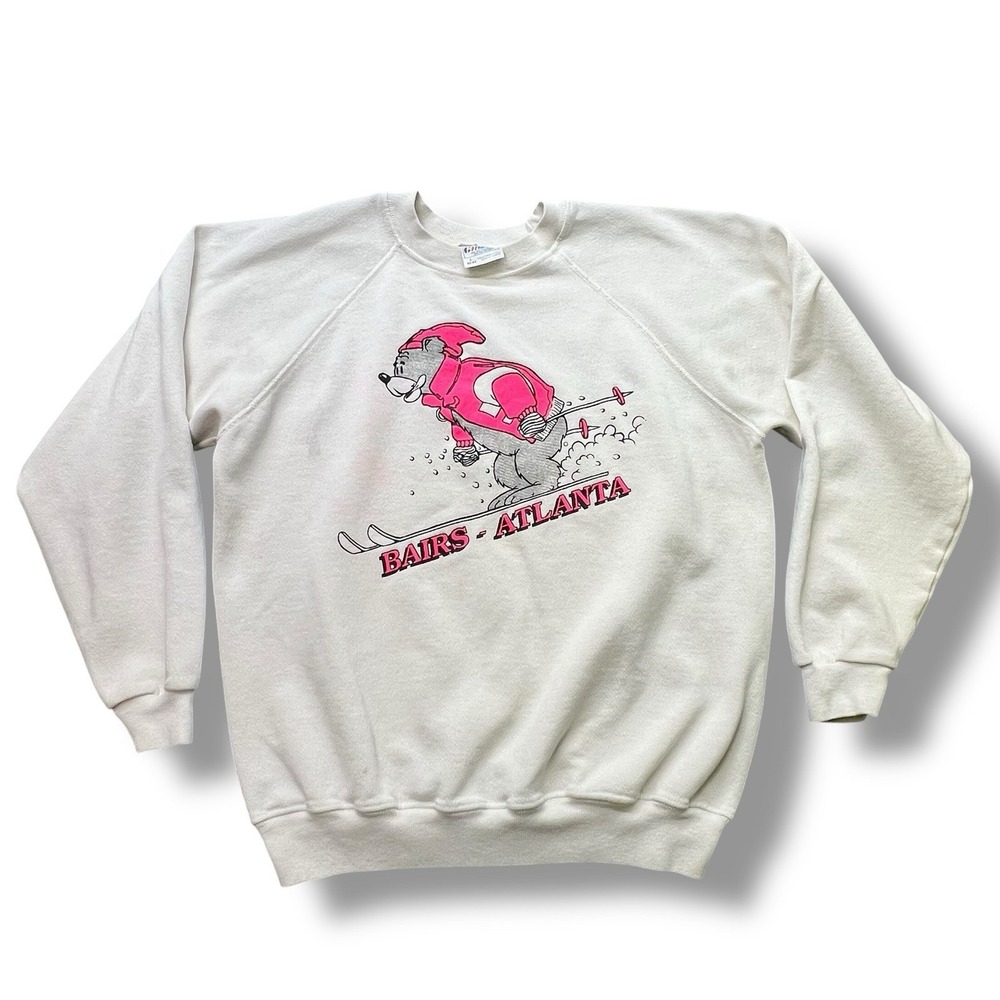 VTG 80s Skiing Bear Sweatshirt USA Bairs Ski Shope Atlanta Adult M/L Neon Pink